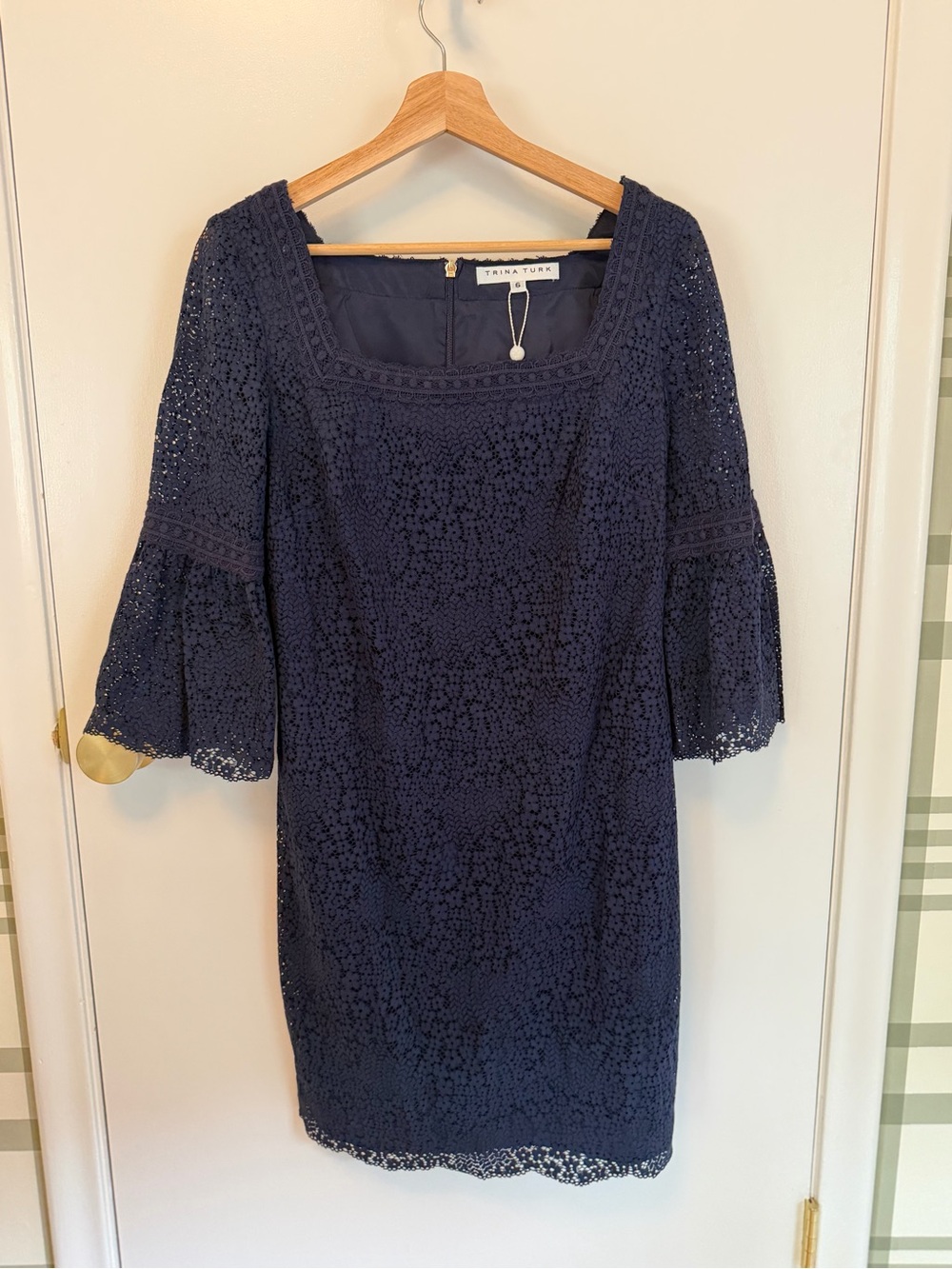 Trina Turk Navy Crochet Square-Neck Mini Dress